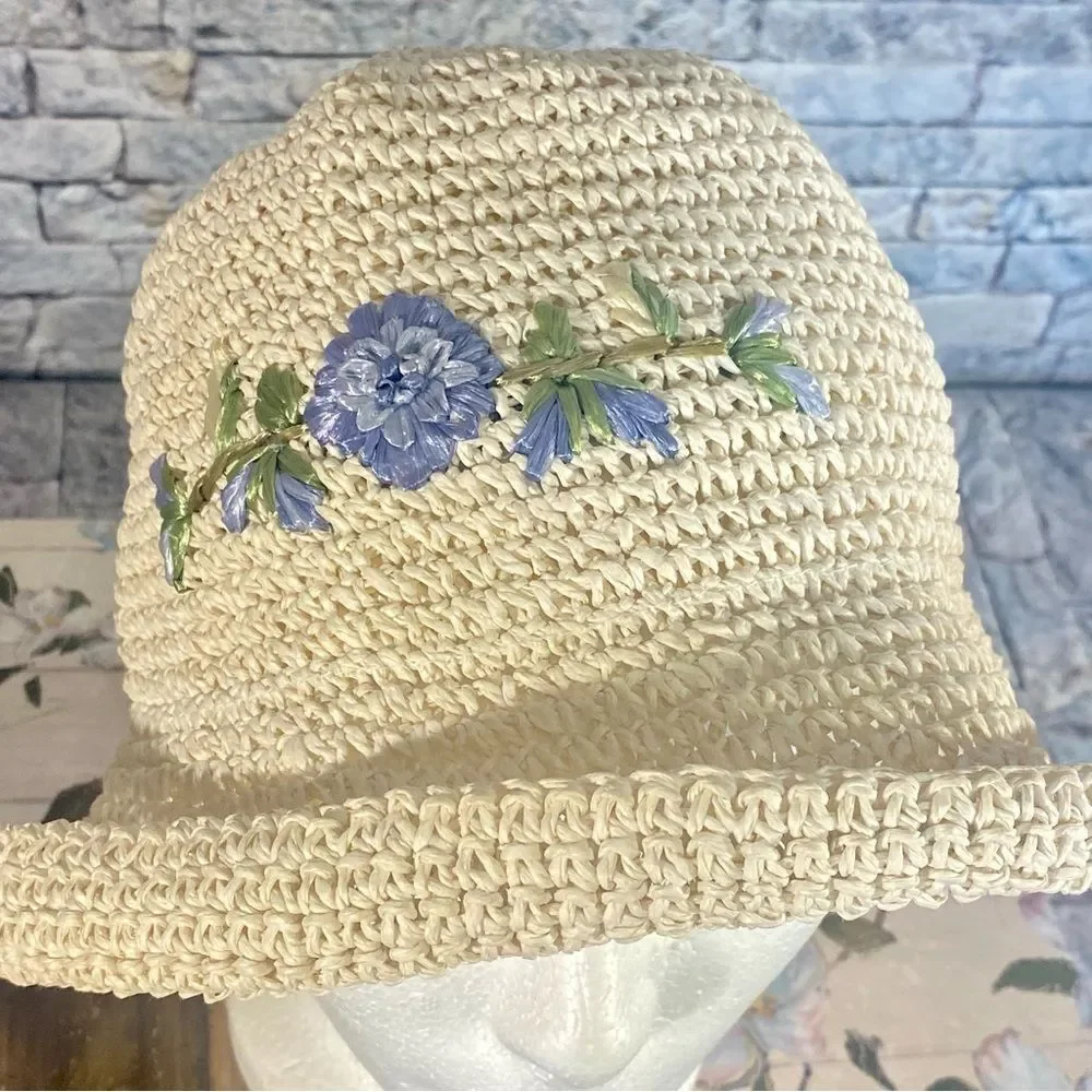 Vintage Woven Summer Hat Floppy Brim Embroidered 100% Woven Paper